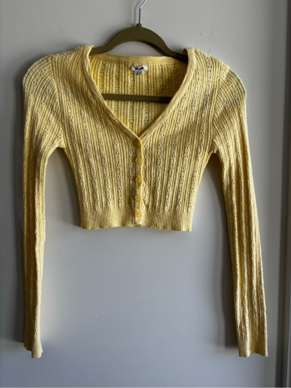 Garage Yellow Ribbed V-Neck Cropped Button Cardigan